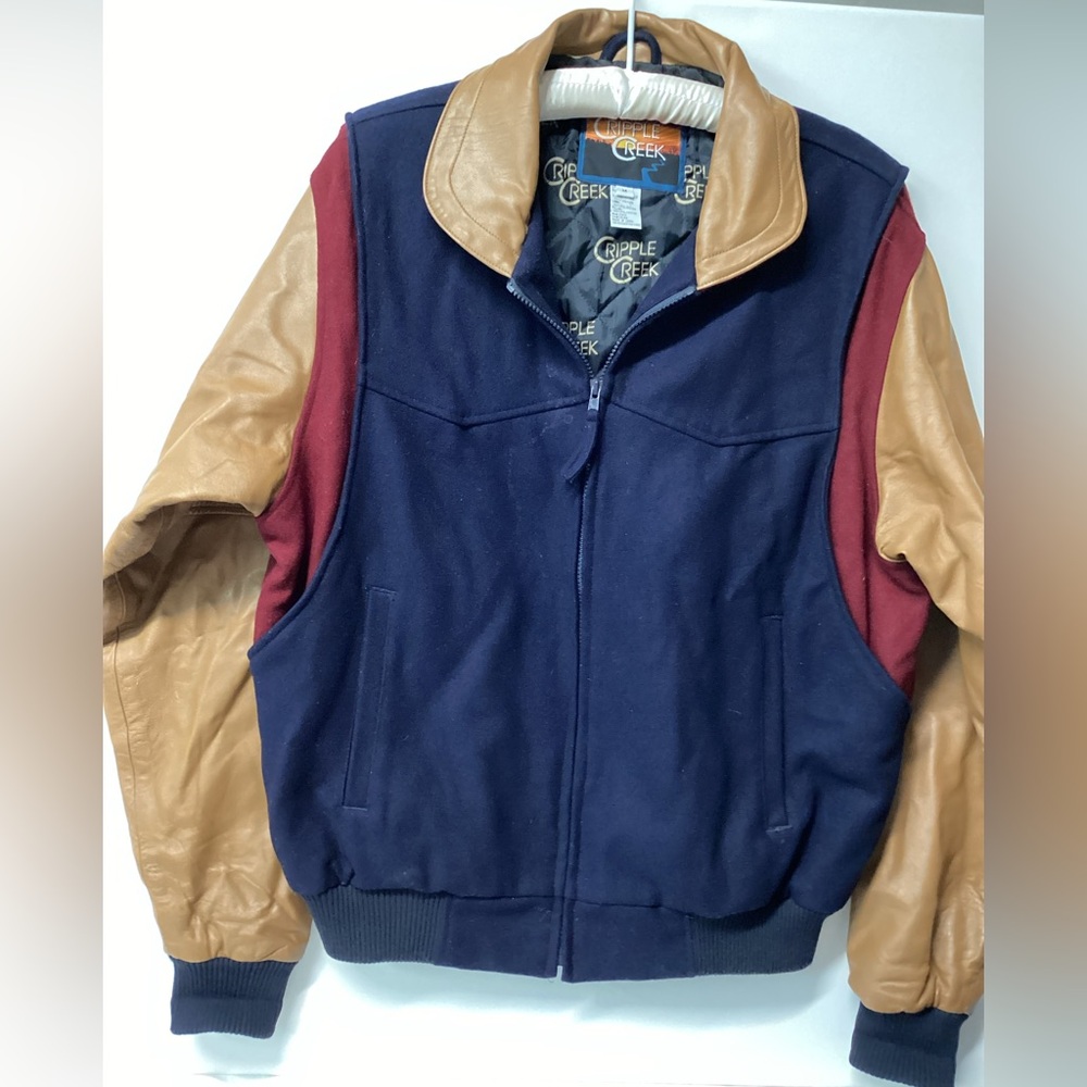 Wool & Leather Navy and Tan Varsity Jacket